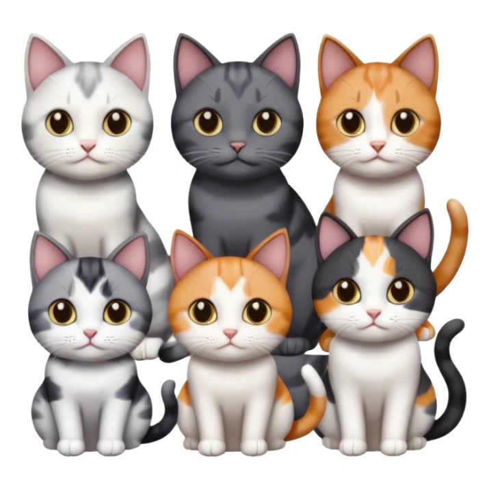 5 different coloured short haired cats including; a dark brown and white cat, and a dark grey and white, and a calico sticker