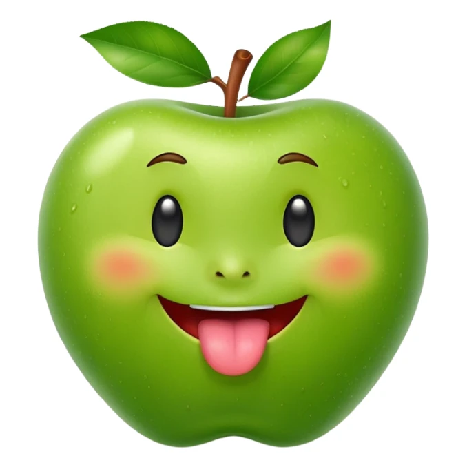 create a happy green apple with a face showing the tongue on IOS style sticker