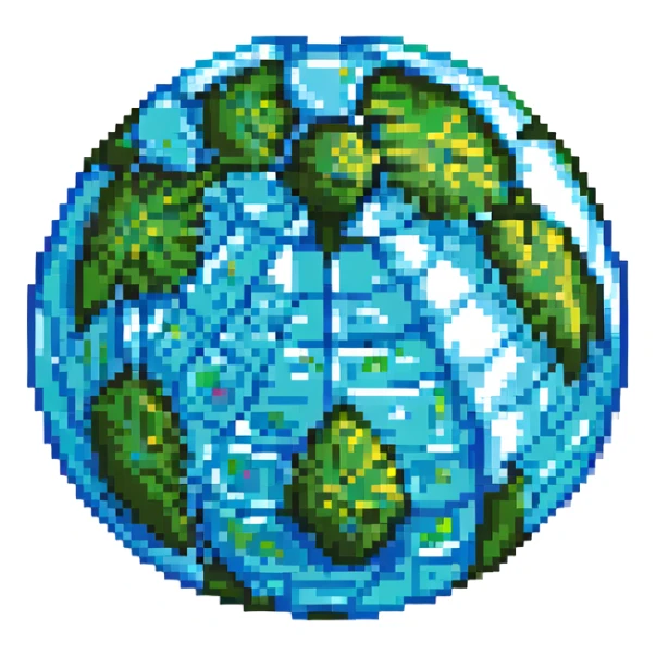 pixel art globe icon with 3D effect, blue and green colors sticker