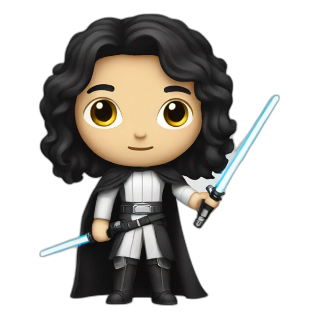 A white Portuguese with long black hair holding a lightsaber sticker