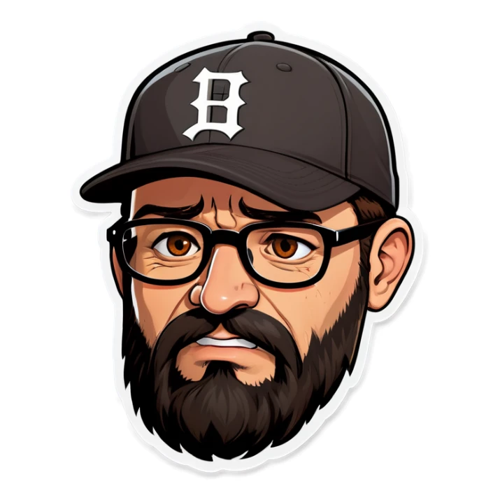 A man with a grey baseball cap, hazel eyes, big dark brown beard and glasses, crying sticker