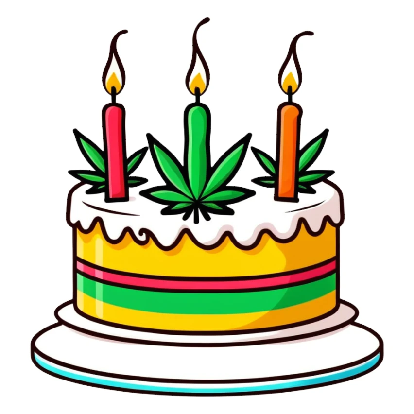 Festive birthday cake with cannabis leaf decorations and birthday candles sticker