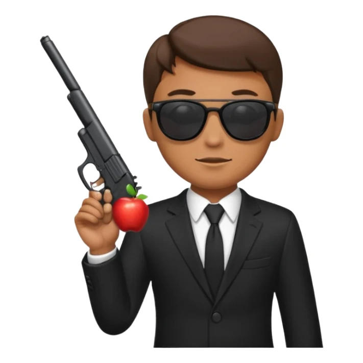 Apple emoji style, black-suited special agent wearing sunglasses, holding a gun sticker