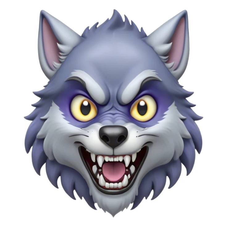 Cinematic Comical Werewolf Portrait Emoji, with a whimsically exaggerated lupine face in vivid moonlit grays and silvers, head cocked in a dramatically shocked expression with comically oversized, wide eyes and a playful snarl, simplified yet hilariously expressive, highly detailed with a soft cartoonish glowing outline capturing the mischievous humor of a werewolf mid-transformation! sticker
