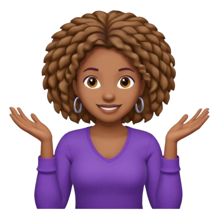black woman with locks shrugging-smiling with purple shirt sticker
