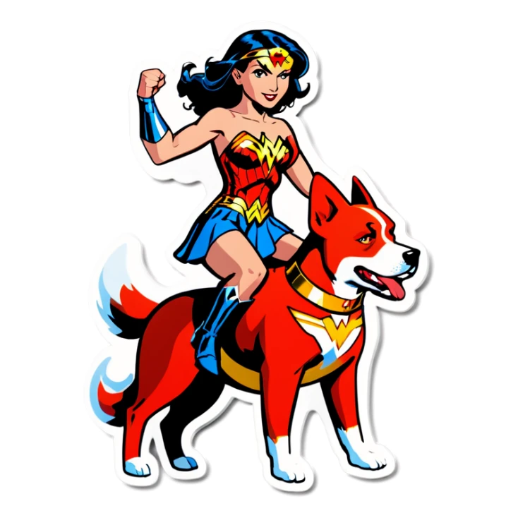 Wonder woman riding a dog sticker