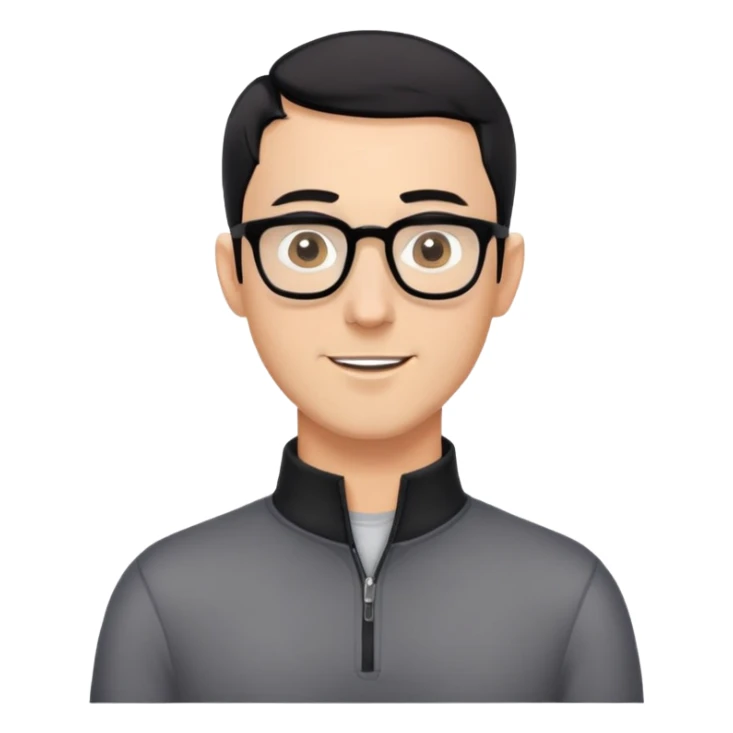 Caucasian man with black hair cut extremely short (almost buzz cut), short beard with gray streaks, large black eyeglasses, cheerful expression, black long sleeve shirt with quarter zip collar sticker