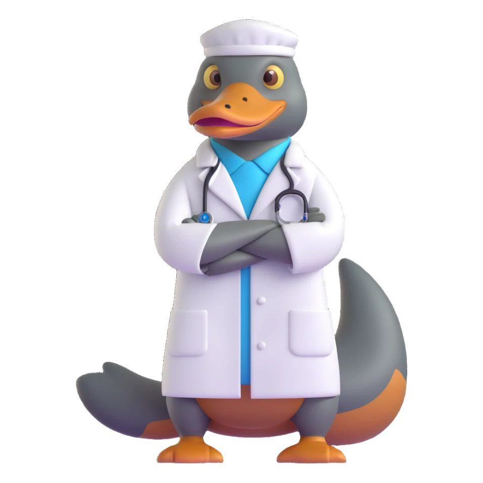cartoon platypus in a white lab coat, arms crossed, confident sticker