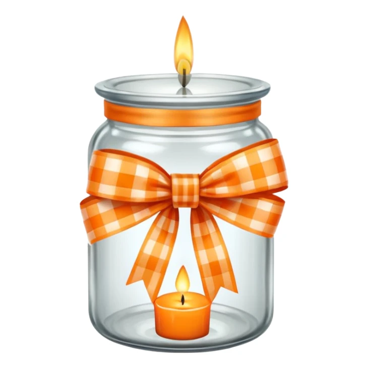 Glass jar with a candle in it and an orange checkered ribbon sticker