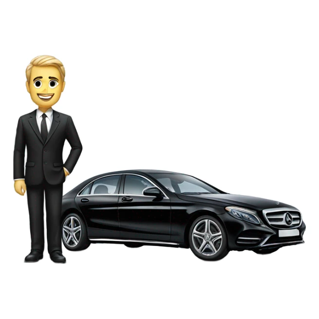 Businessman standing in front of Mercedes sticker