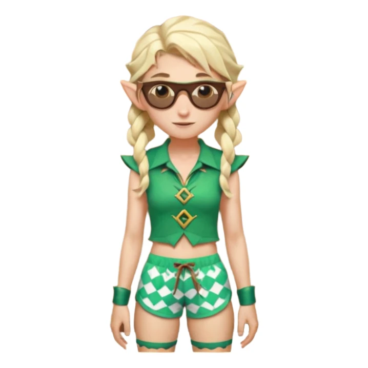 elf female legolas portrait, patterned board shorts (geometric/abstract), unique wooden-framed sunglasses, undercut hairstyle, slight smirk, visible pointy ears, no background, centered emoji, hipster summer vibe sticker