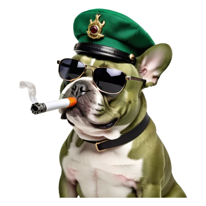 A French bulldog smokes from a glass pipe sticker