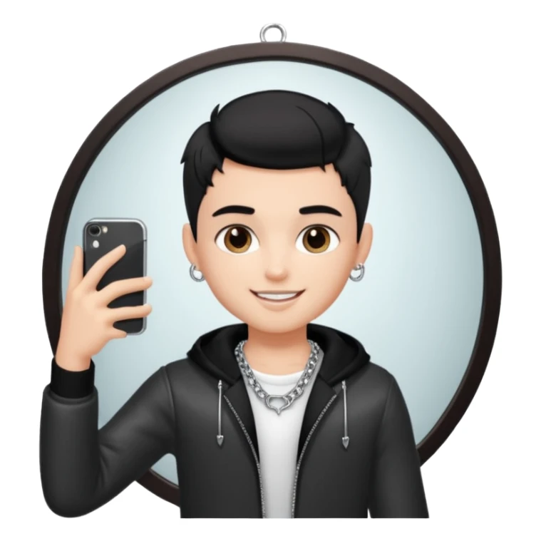 generate a pretty bratz fair skinned boy with short black hair taking a mirror selfie sticker