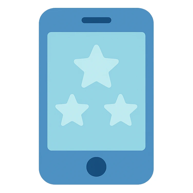 Smartphone icon with three stars inside the screen, flat emoji style, outline with blue and turquoise colors, white background sticker
