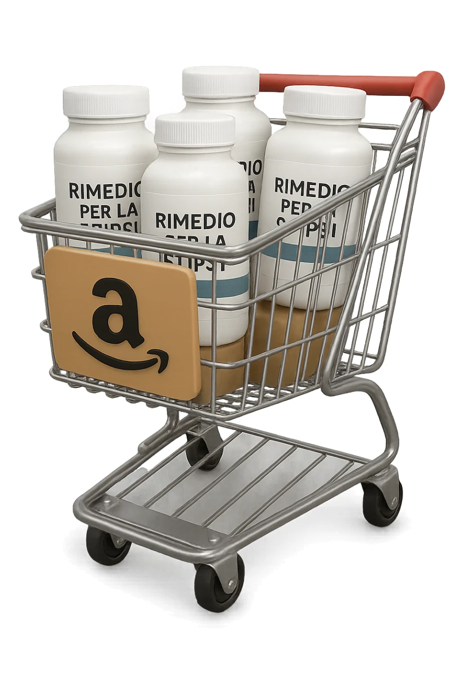 emoji stile iphone di un carrello per la spesa con l'icona di amazon stampata sopra, dentro al carretto ci sono varie boccette di integratori con la scritta "RIMEDIO PER LA STIPSI", iperrealistico 4k sticker