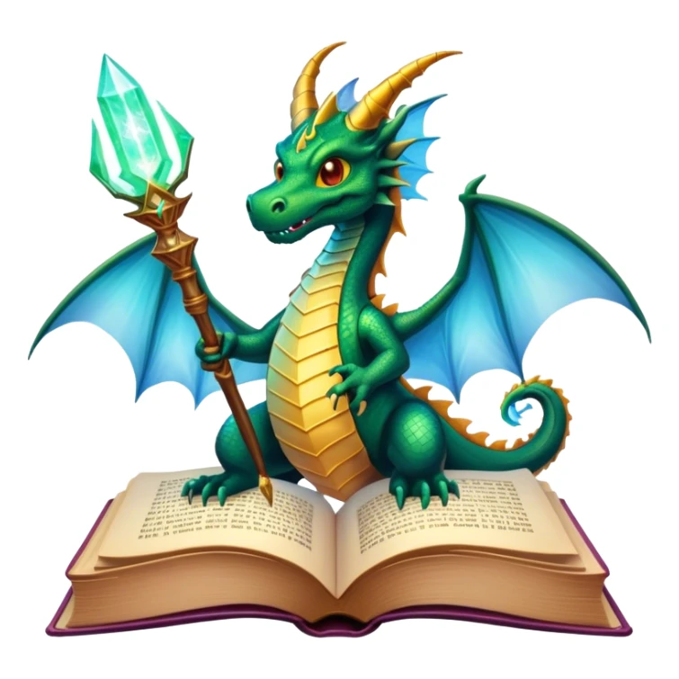 Icon for Fantasy and Sci-Fi Literature: a magical book with glowing pages, surrounded by a dragon, a spaceship, and a wizard with a staff. The icon should capture the adventurous and imaginative world of fantasy and science fiction. Transparent background. sticker