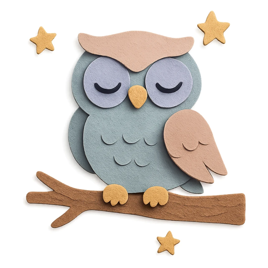 sleepy owl on a tree branch with stars, muted night palette, soft pastel colors, transparent background, paper craft style sticker