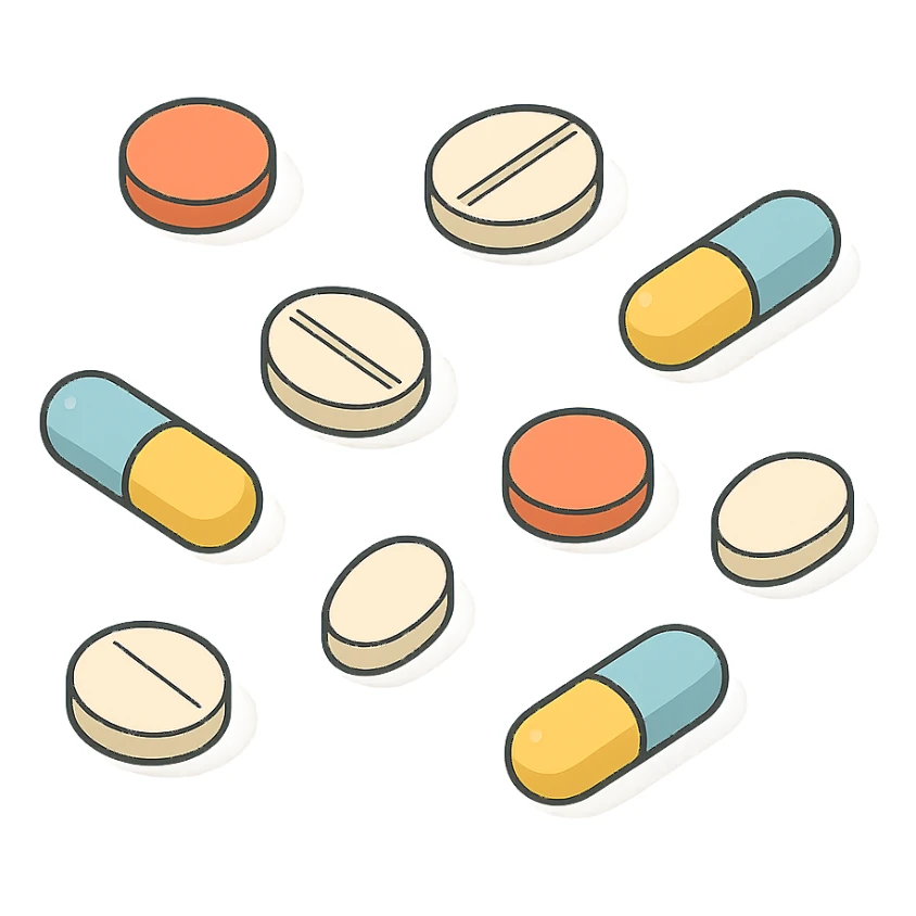 scattered handful of colorful tablets, 2D isometric style, minimalist background, detailed, soft shadows and highlights, transparent background sticker