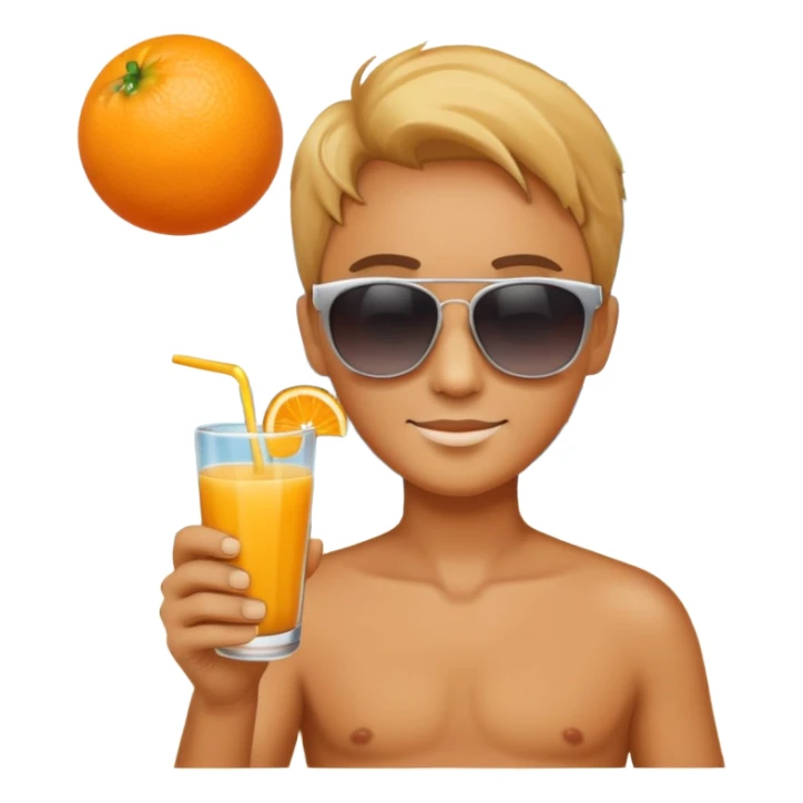 a hand holding fruit juice, wearing sunglasses, with a beach background sticker