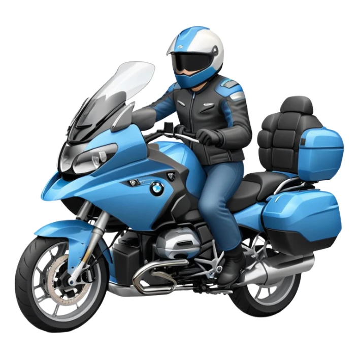 blue BMW R 1200 RT touring motorcycle with rider on road sticker