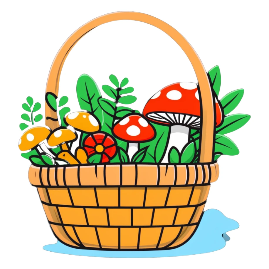 basket full of forest goodies including mushrooms, herbs, flowers in soft pastel colors sticker