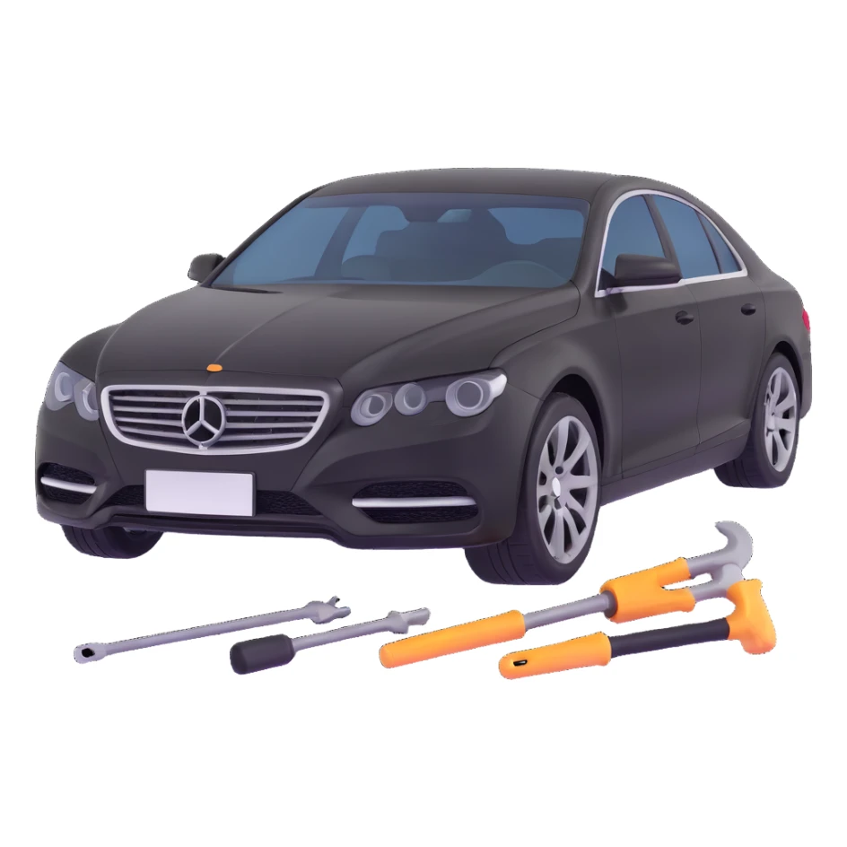 black luxury car with a clearly visible dent on the bodywork, specific PDR tools such as rods, levers, and small hammers positioned to show active repair, elegant and modern sticker