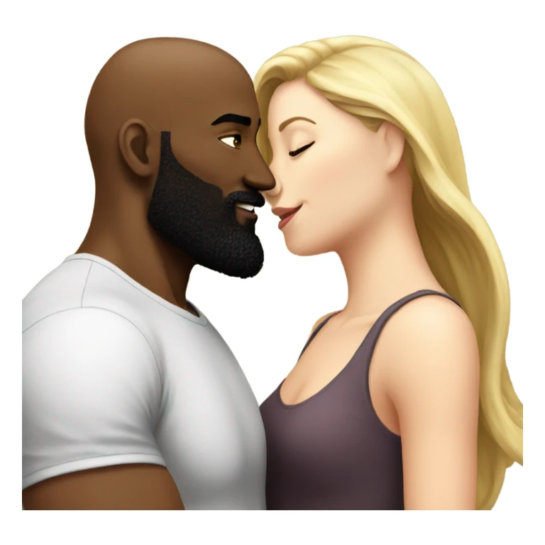 White girl brunette kissing muscular black bald man with beard sticker