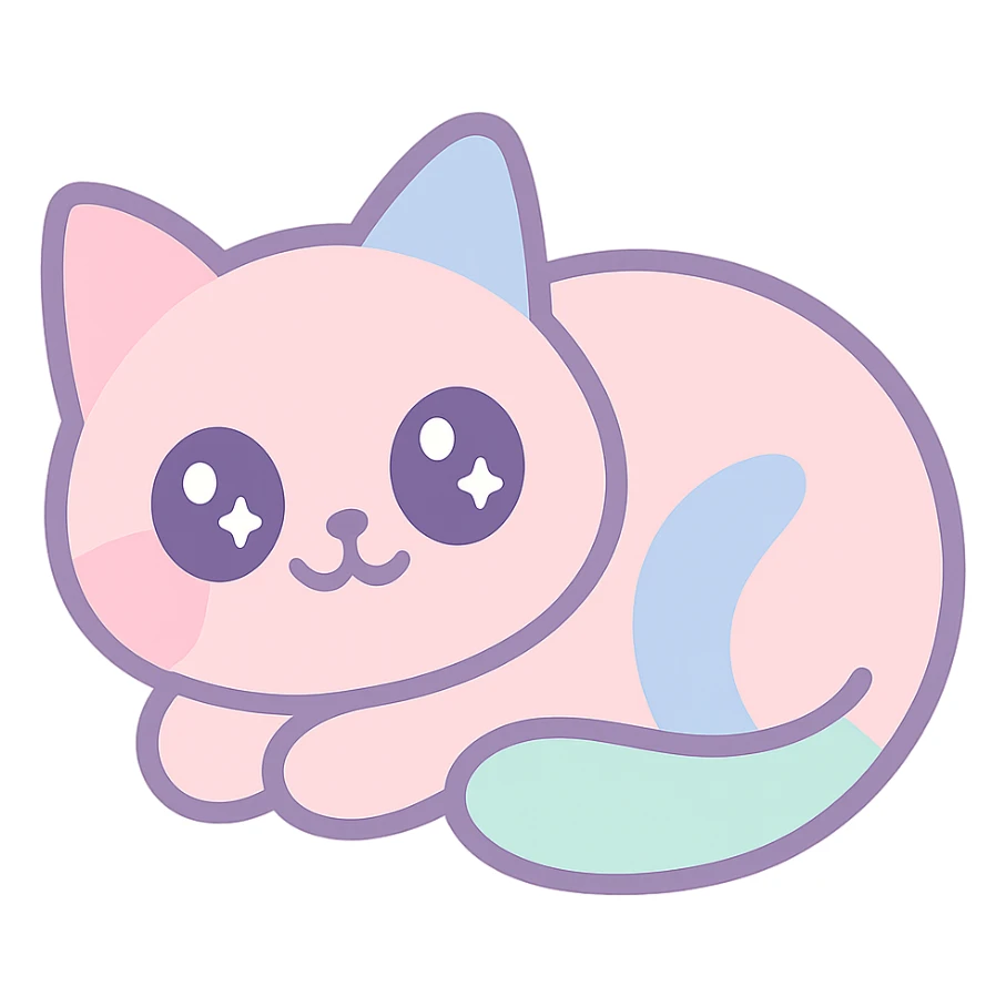 sleepy cat emoji, pastel colors, soft shading, peaceful expression, curled up, kawaii style sticker