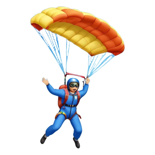 A skydiver free-falling through the sky, with a brightly colored parachute open above them. The background features a vast blue sky dotted with fluffy clouds, birds soaring nearby, and a plane flying off in the distance, emphasizing the thrill and freedom of the sport. sticker