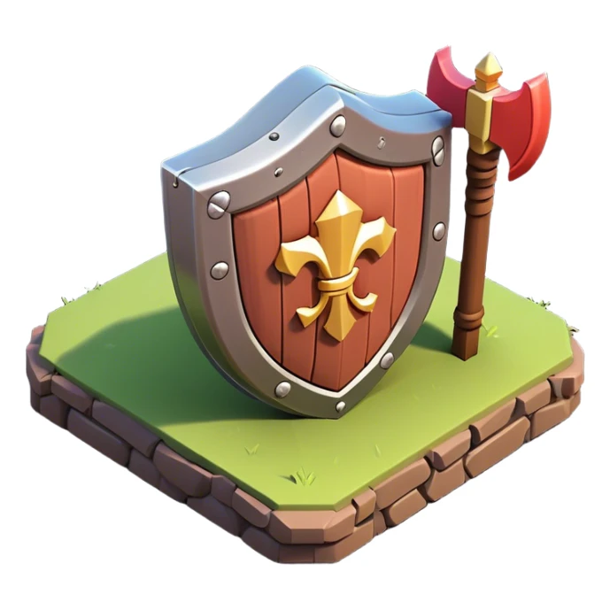 Clash of Clans aesthetic: Cinematic Playful 3D Isometric Shield Emoji, rendered in a 3D vector-style similar to standard emojis with minimal shading and bold, simplified shapes. A compact, distinct form with signature details, softly glowing with a fantasy RPG magic charm. Simplified yet unmistakably iconic, highly detailed and consistent, glowing with a soft radiance and high shine. Stylized with a touch of heroic grandeur and a soft glowing outline, capturing the essence of a beloved gaming relic with a friendly, playful manner! sticker