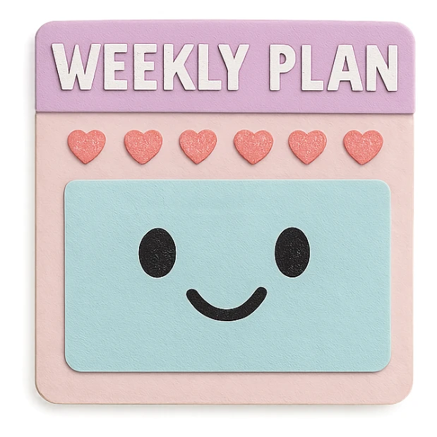 soft pastel kawaii weekly planner box with tiny heart icons, with a smiling face sticker