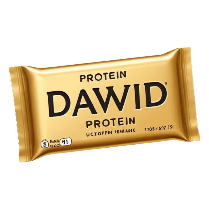 protein bar gold wrapper that says David on it in black font with a small brown box on it  sticker