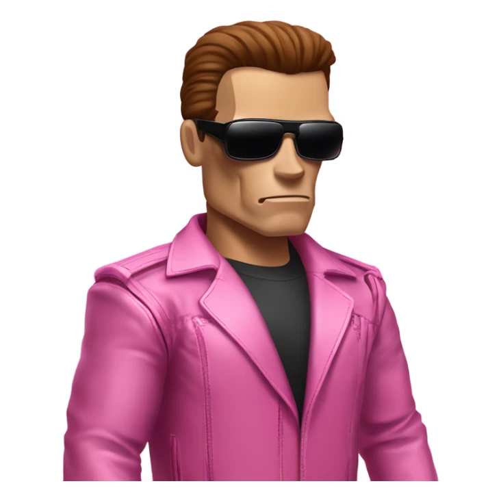 Schwarzenegger-like Terminator, upper body only, wearing his iconic clothes in pink (all clothes must be pink), looking more human with minimal robotic details, and wearing dark sunglasses. sticker