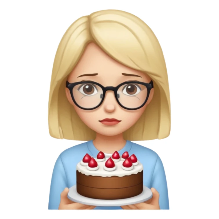 Sad girl with glasses holding a cake sticker