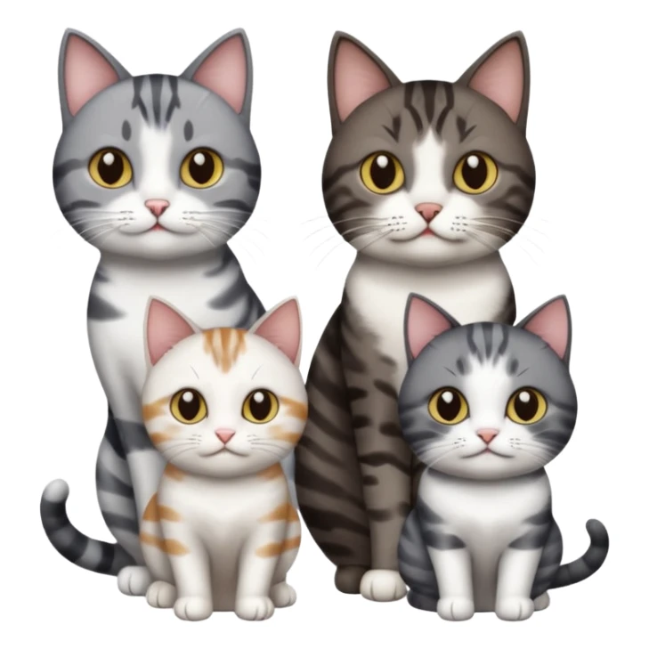 3 different coloured short haired cats including; a dark brown tabby and white cat, and a dark grey and white  sticker