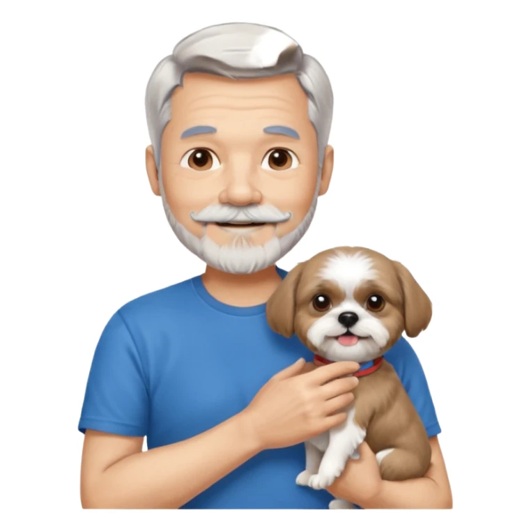 handsome gentleman, 60 years old, short silver hair, beard/moustache, wearing a blue t-shirt, smiling and holding a shih tzu sticker