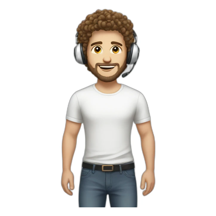 white guy with curly hair brun guy with white headphone and short beard sticker