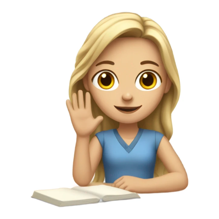 A white girl with a raised hand at a desk at school  sticker