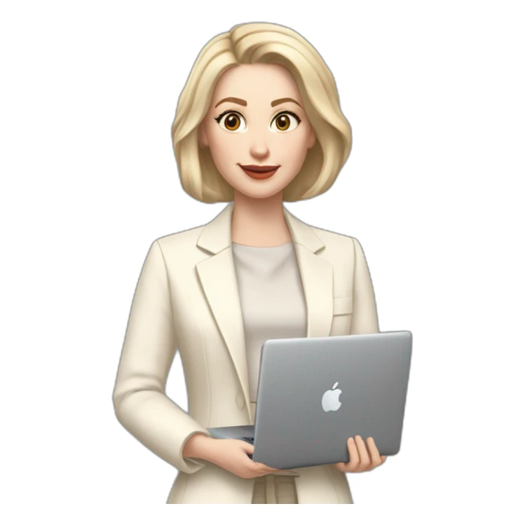 pale skin woman with ash blonde Straightened bob Hair, White Spacious classical jacket, beige palazzo Arrow pants and gray blouse holding a MacBook in the hands sticker