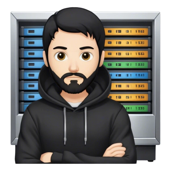 hackeur blanc cheveux noir barbe et capuche noir à côté d'un server sticker