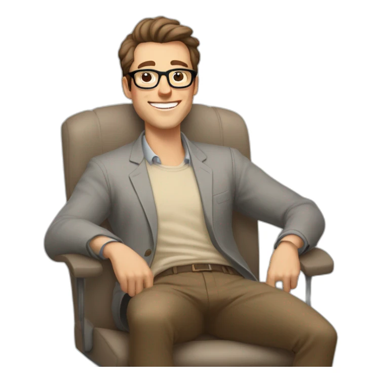 Joyful thrumbs up Pale skinned Fit Man With dark brown hair in gray jacket, beige office shirt, Brown pants and vintage glasses sitting In a soft chair sticker