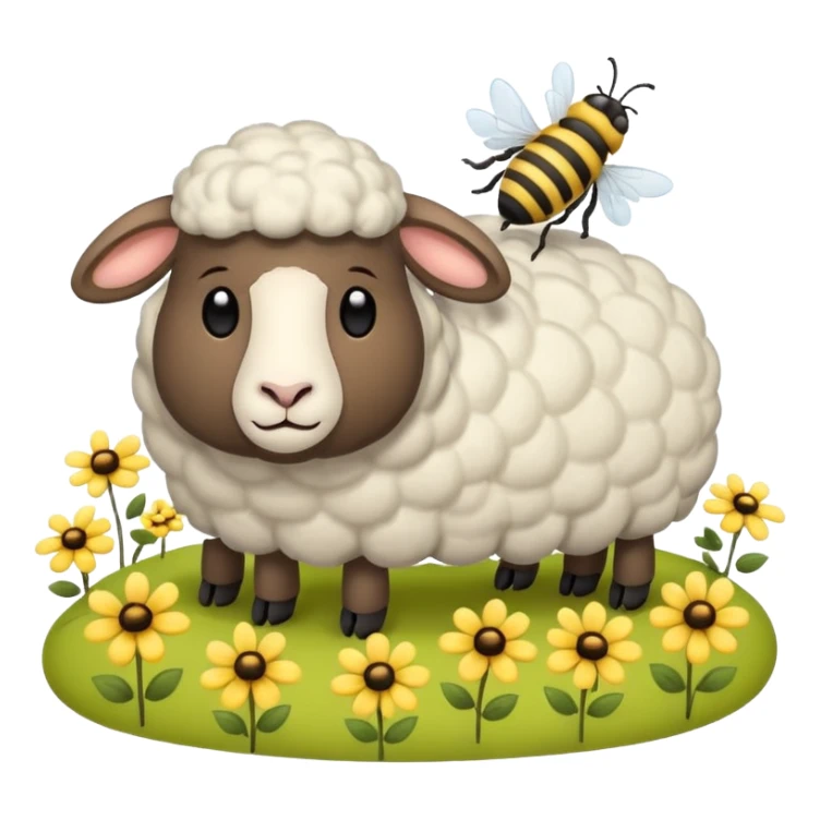 sleepy sheep in the field and a bee sticker