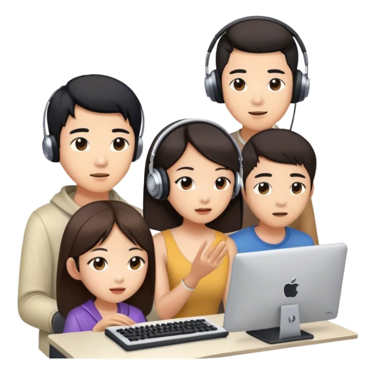 asian people in a music studio. one is looking at the computer and two more watching sticker