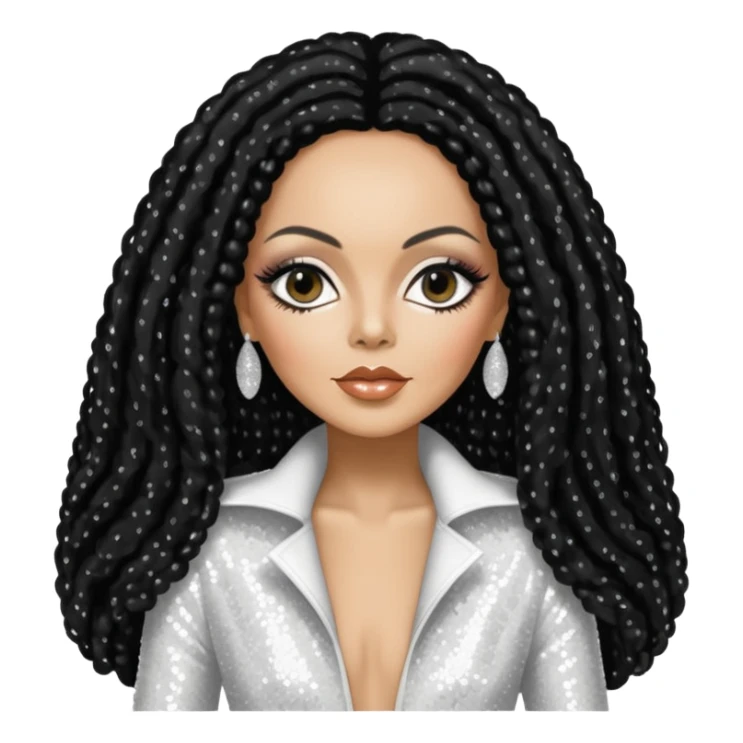 Diana Ross with long jet black hair, white sequin outfit sticker