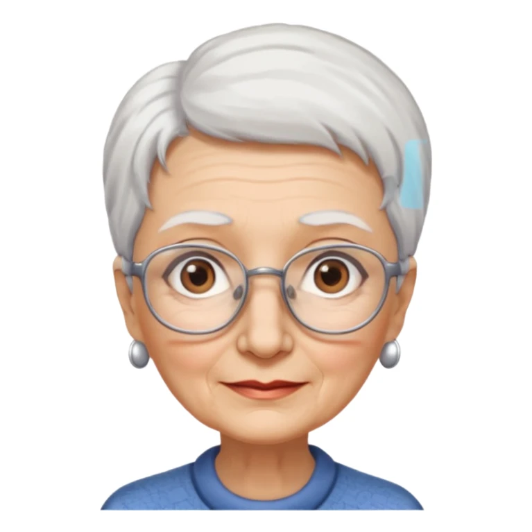 Create me emoji of an old lady. Short white hair to left side. Square glasses. Brown eyes. Rounded really big and long face. Wide nose sticker