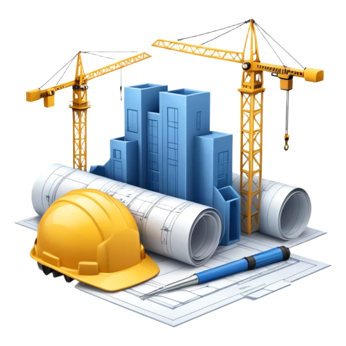 An icon featuring a blueprint, a hard hat, and a measuring tape, symbolizing architecture and construction. The design includes a building silhouette, cranes, and construction tools, representing the planning, design, and building processes. Transparent background. sticker