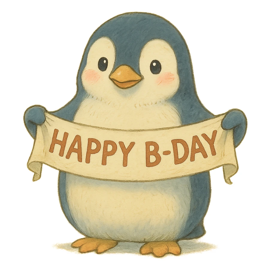 penguin holding a "Happy B-Day" banner, soft Ghibli style sticker