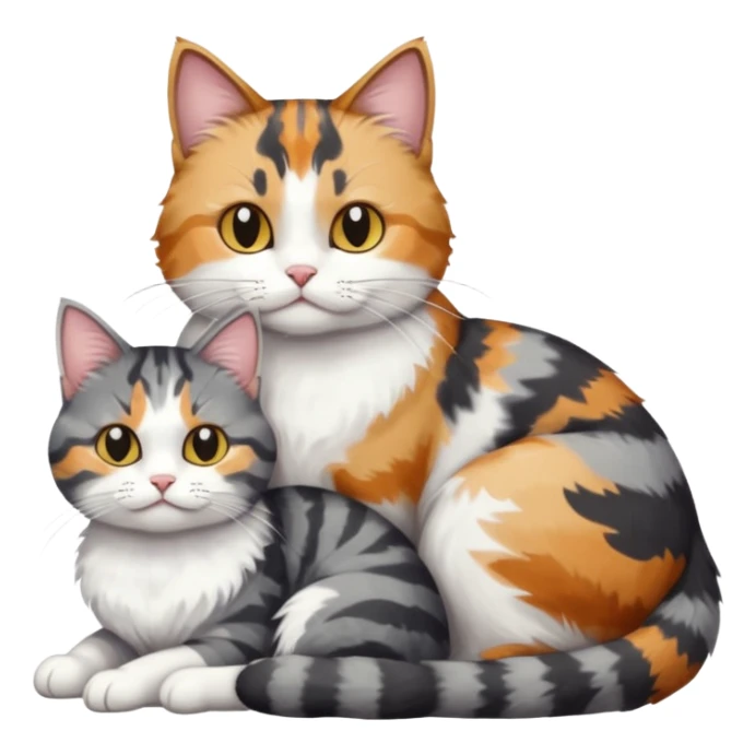 full body colourful light patched calico + white tabby cat cuddling a bigger cat that is dark grey and white tabby cat  sticker