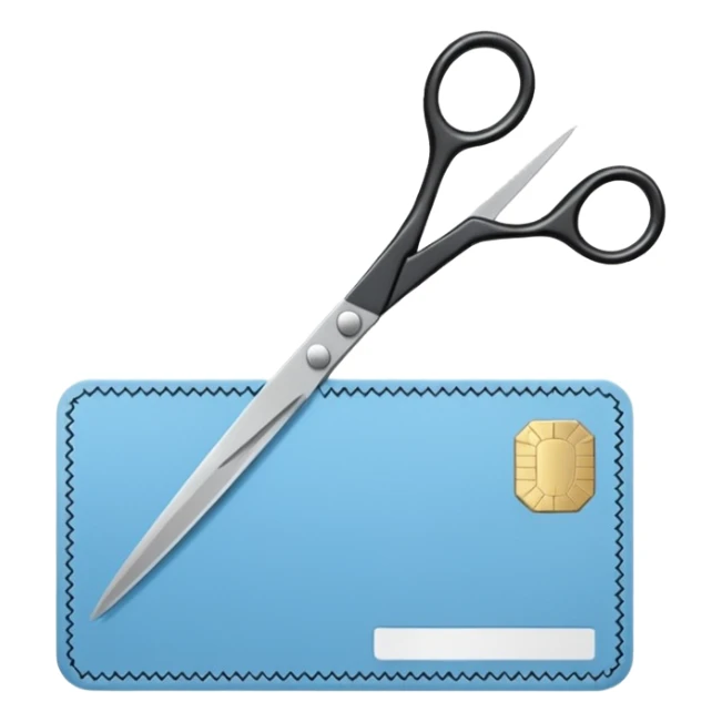 Floating black Scissors cutting a light blue military ID card in 2 parts .hyper realistic sticker