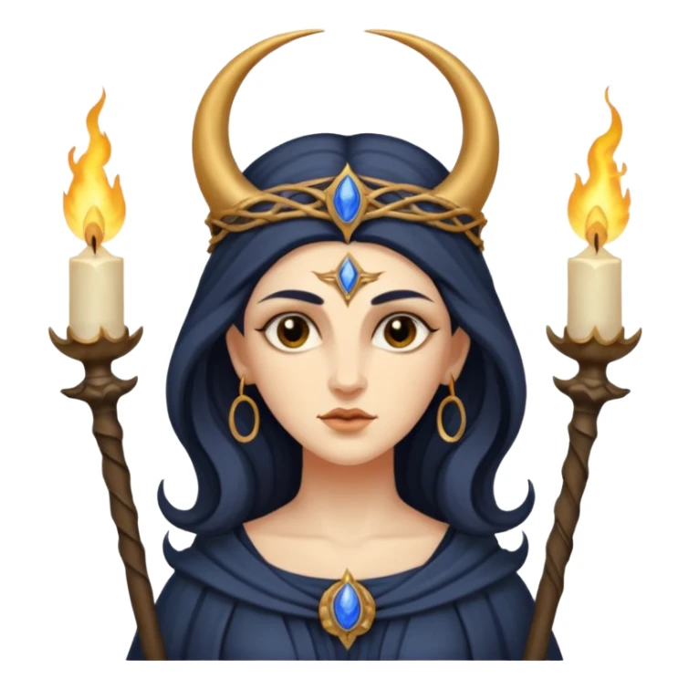 The goddess Hecate with 3 heads holding two torches the front head with a crescent moon on forehead sticker
